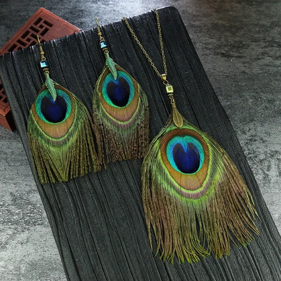 Antique Turquoise Peacock Feather Necklace and Earring Sets, - Picture 2 of 10